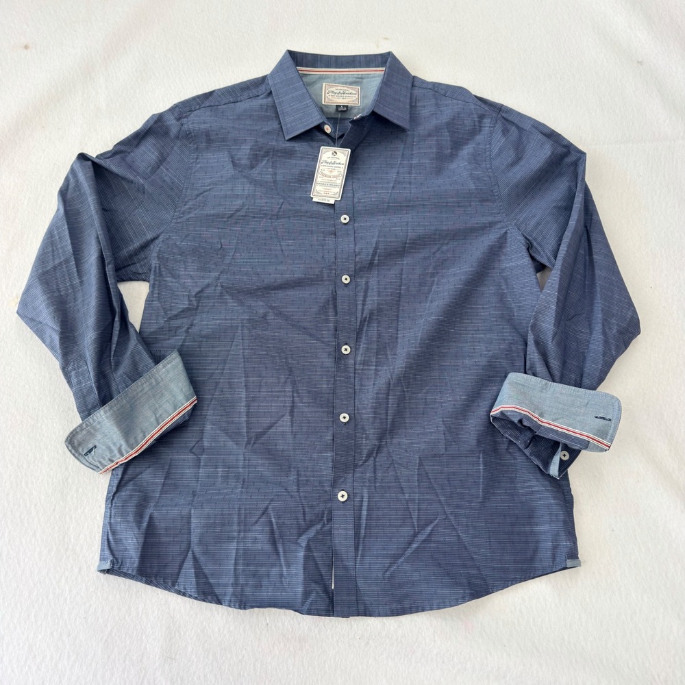 Flag & Anthem Mens Blue Textured Cotton Button Down Shirt COREWS450 L NEW